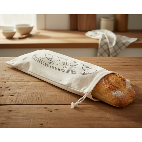 Baguette dans le sac BREAD BAG sur un plan de travail