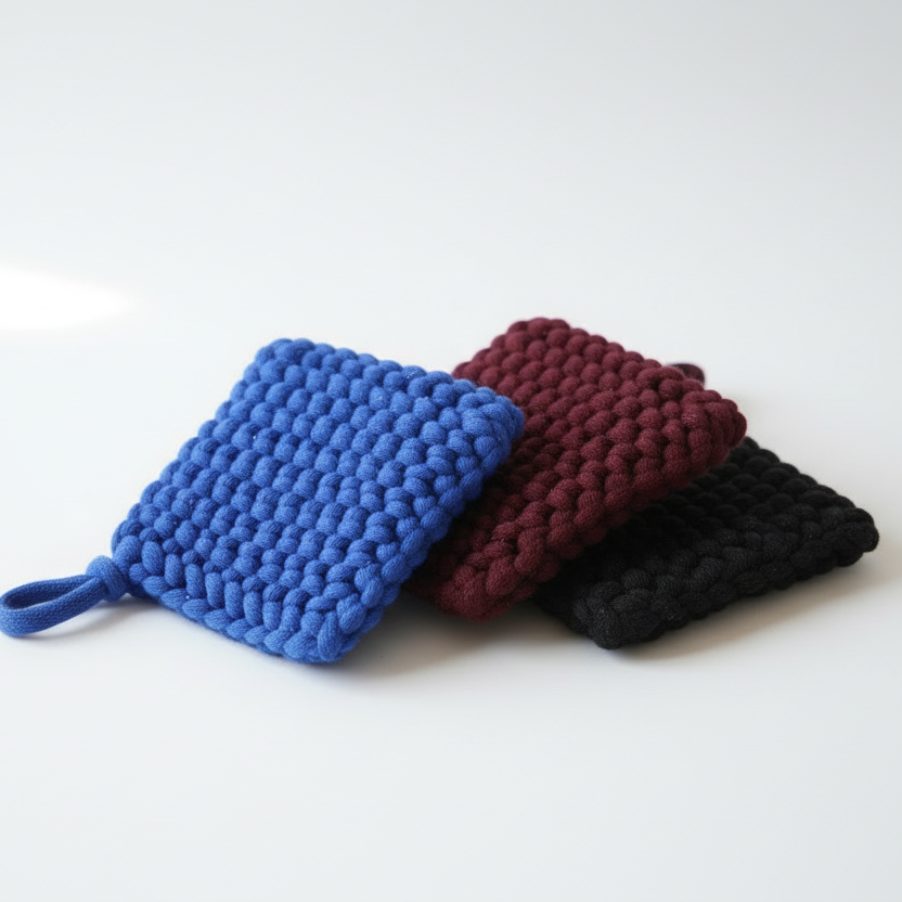 Tawashi bleu, bordeaux et noir se chevauchant