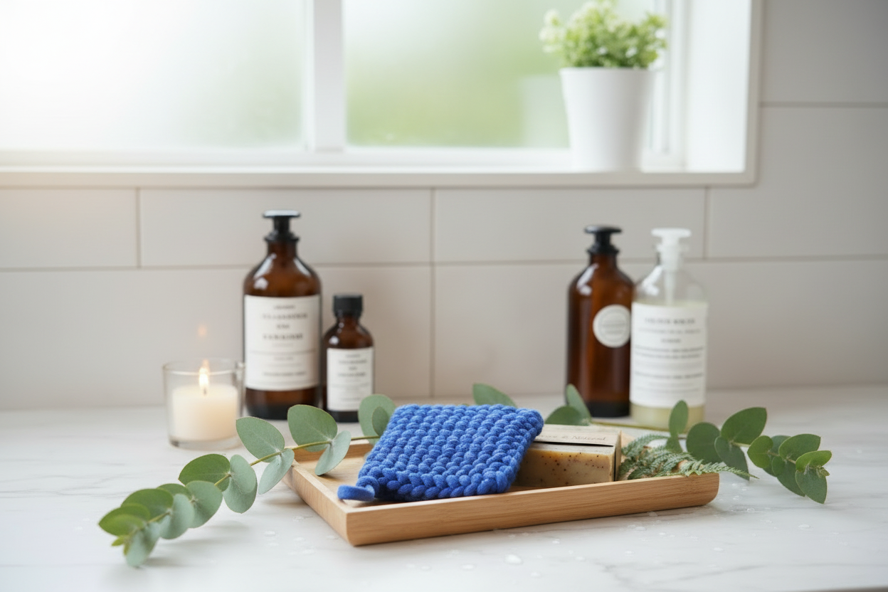 Tawashi bleu en salle de bain zen